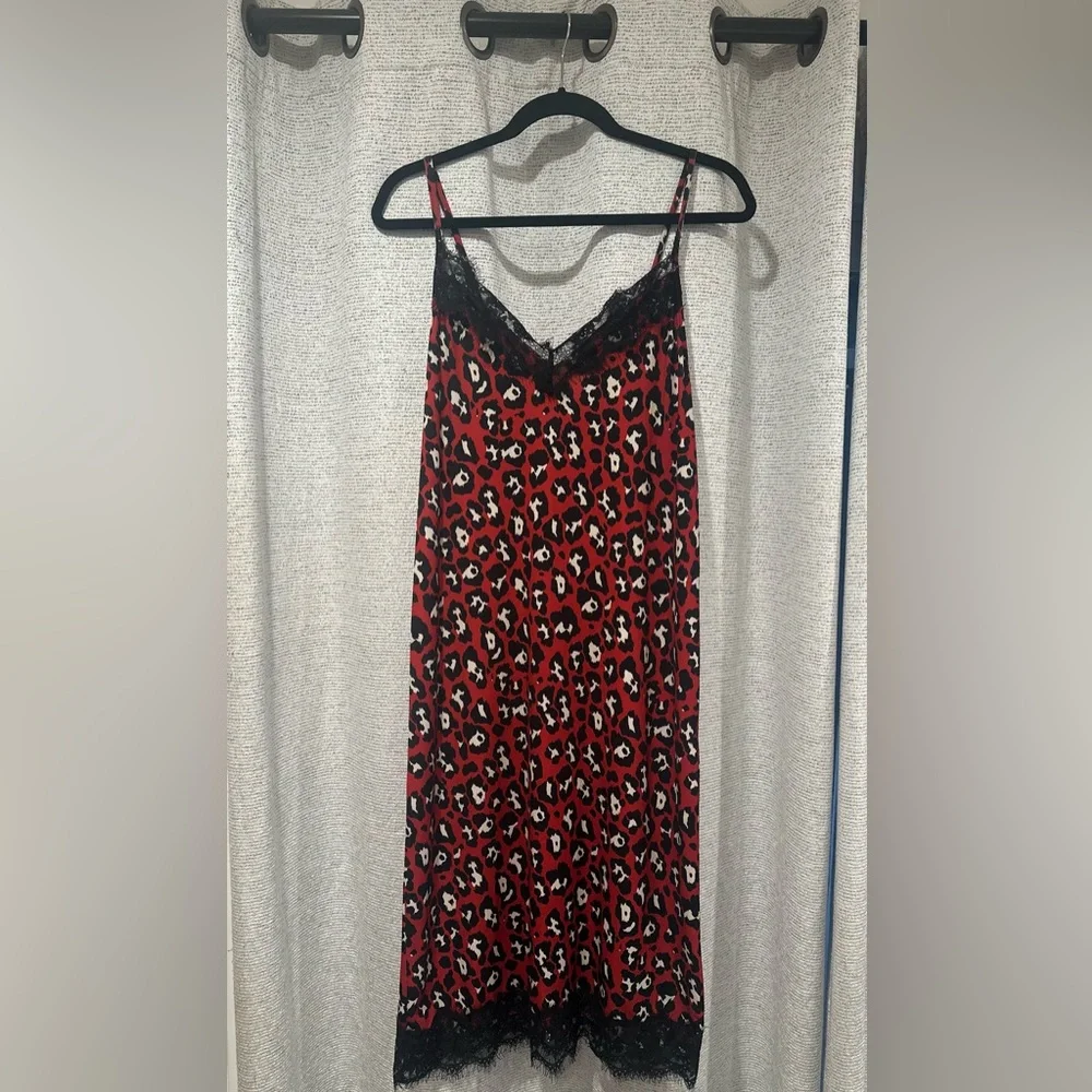 Women’s ZARA Red Leopard Print Camisole Slip Dress Lace Stretch Midi Dress Small